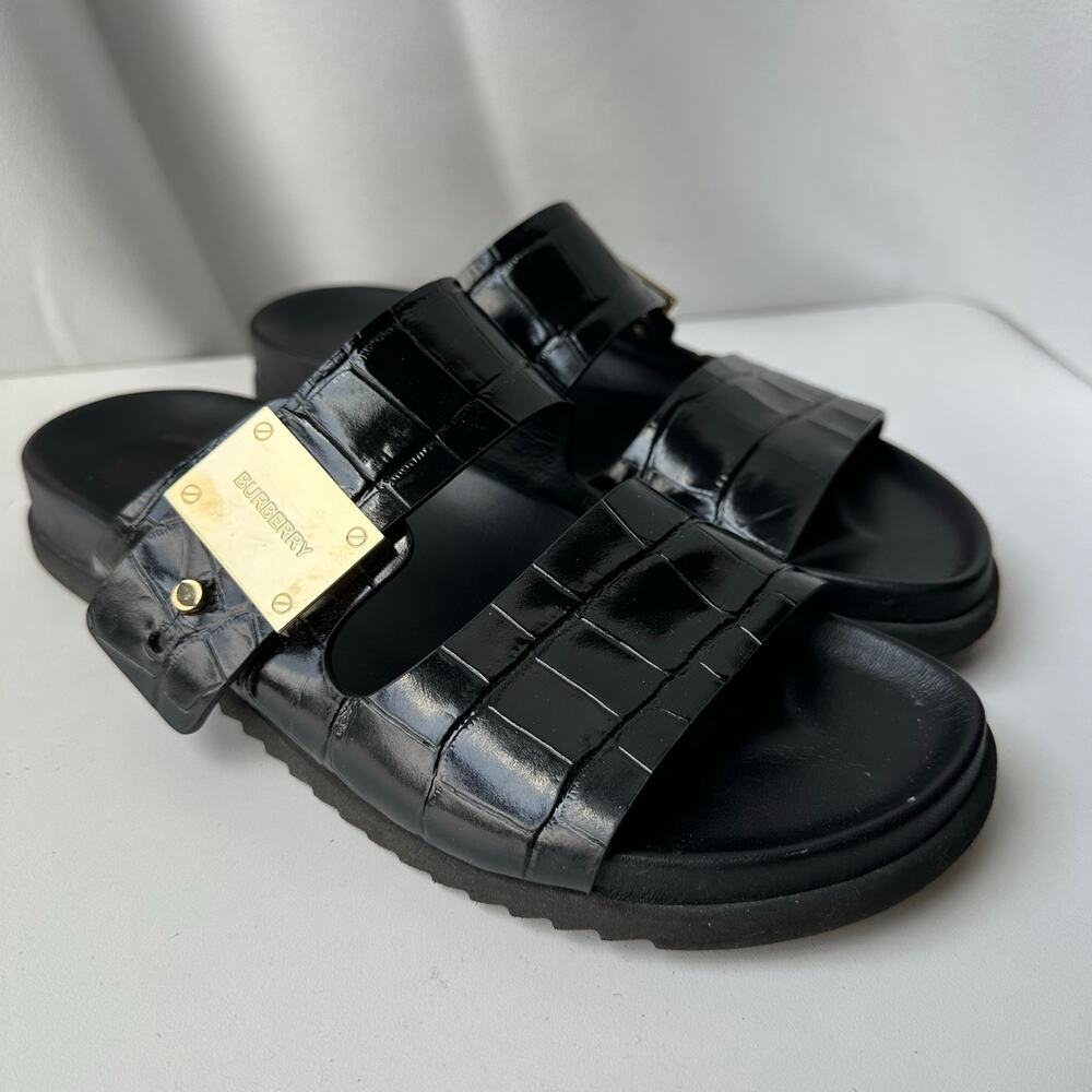 Burberry (40/ US 9-9.5) Olympia Mock-Croc Buckle Slide Sandals Black/Gold